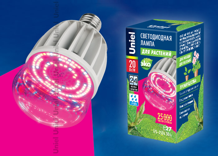 Лампа для растений Uniel  LED-M80-20W/SP/E27/CL